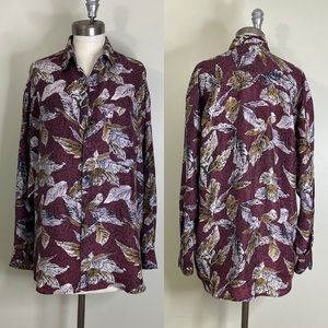 100% SILK FALL LEAVES SOFT BUTTON UP LONG SLEEVE BLOUSE SIZE LARGE UNISEX
